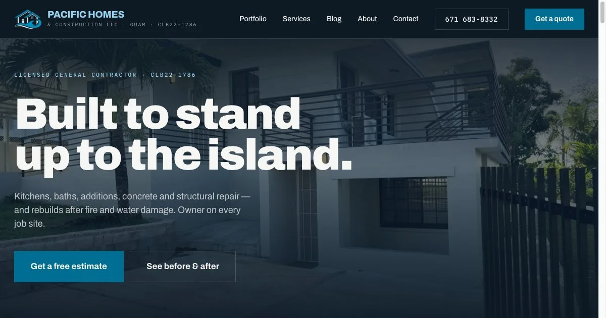 Homepage of the Pacific Homes & Construction website with the headline "Built to stand up to the island"