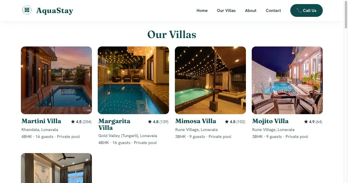 The AquaStay villas page showing five villas with their ratings and private pools