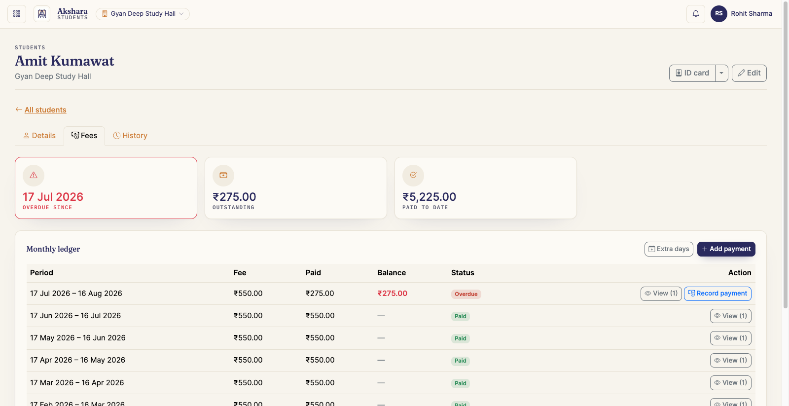 Akshara fee ledger showing invoices, payments and outstanding dues