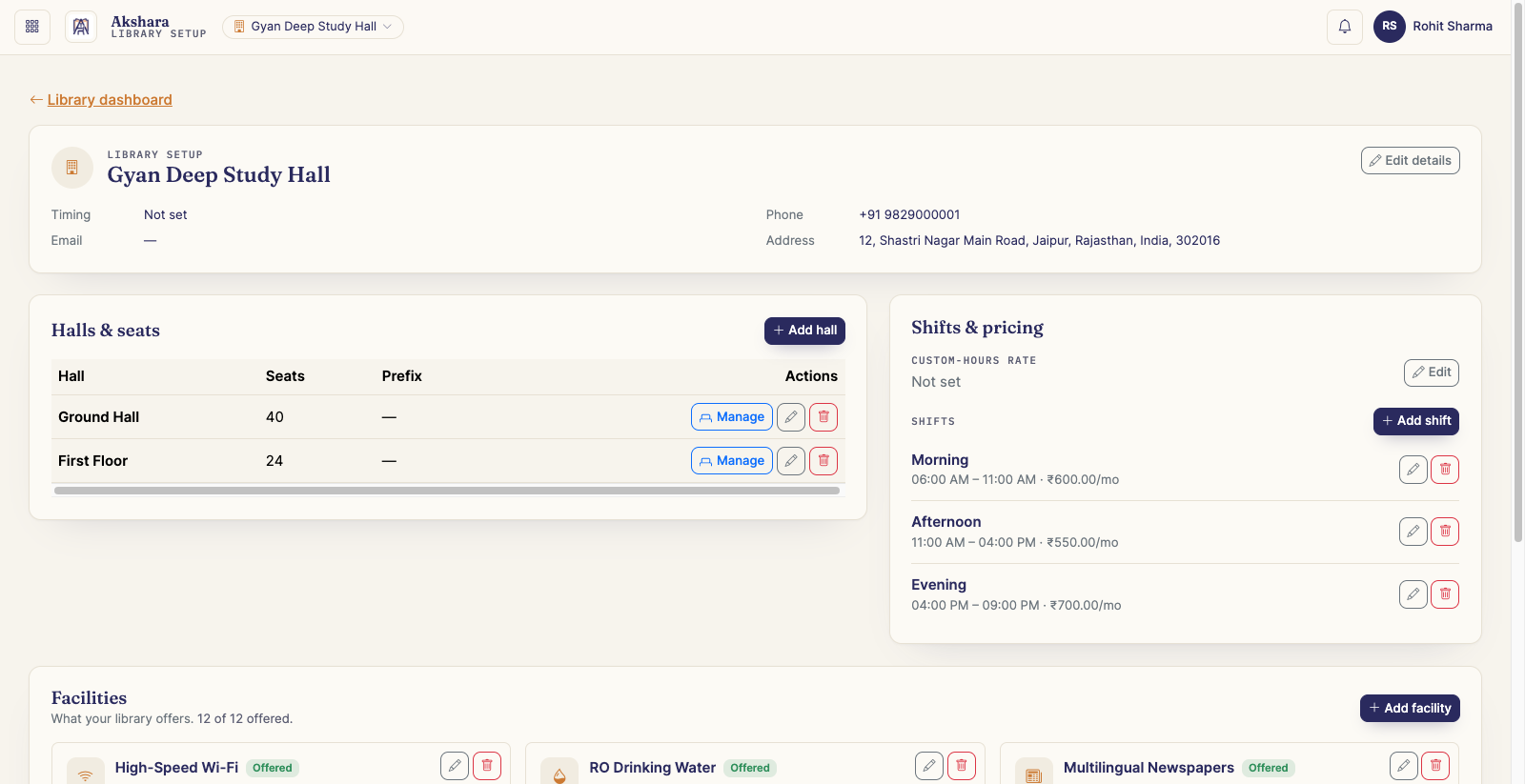 Akshara library setup showing halls, seats, shift timings and pricing
