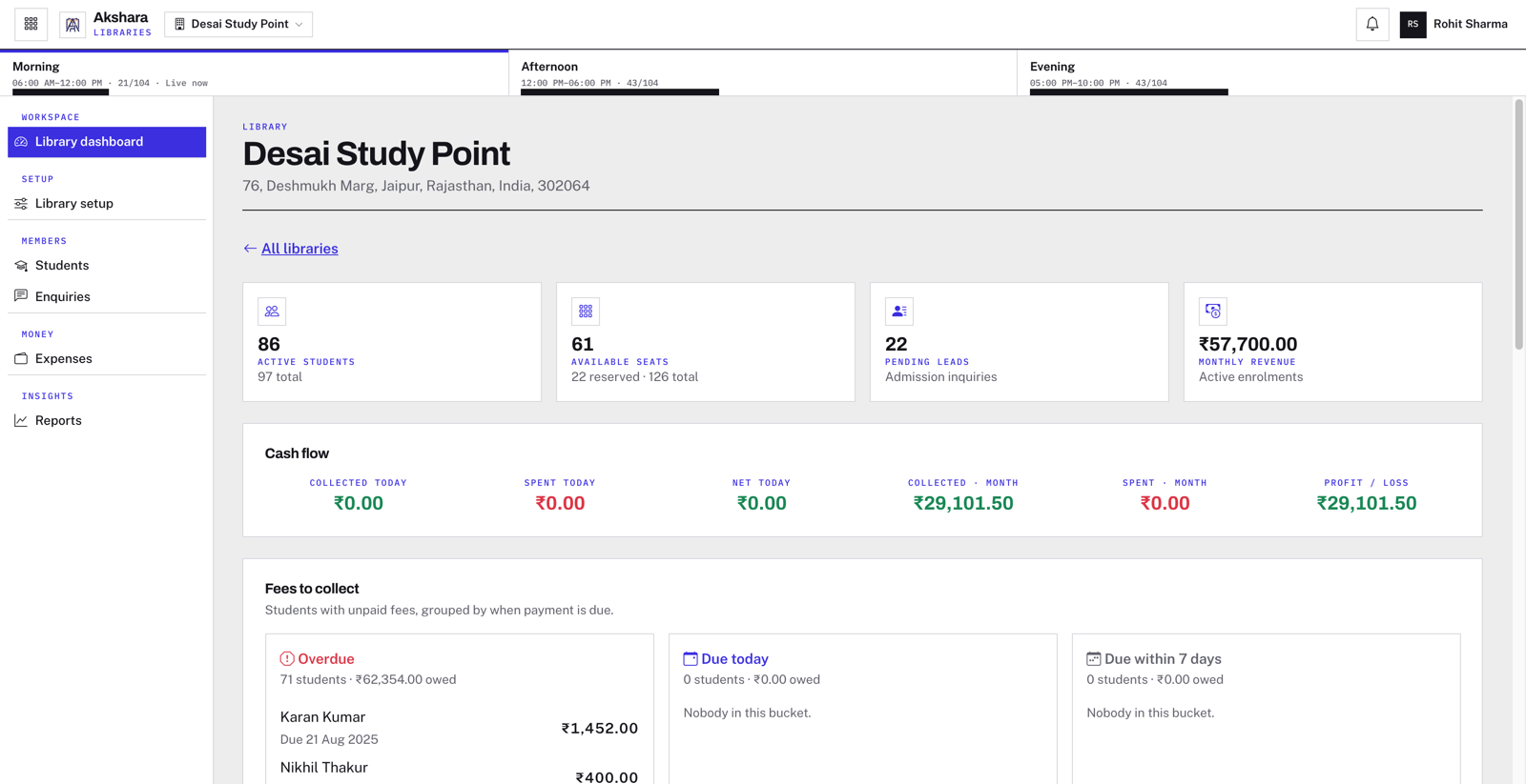 Akshara dashboard showing students, occupancy, dues and collections