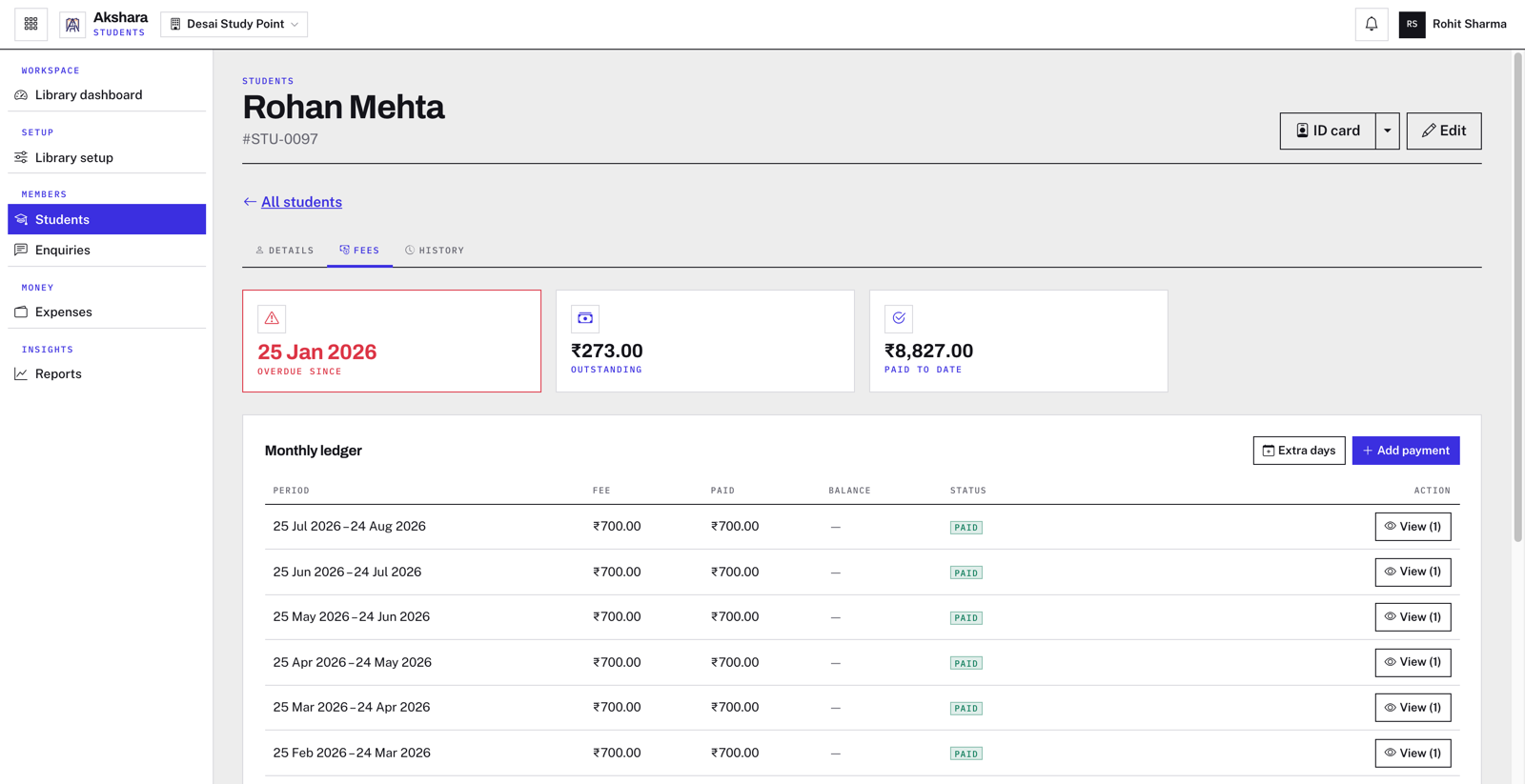 Akshara fee ledger showing invoices, payments and outstanding dues