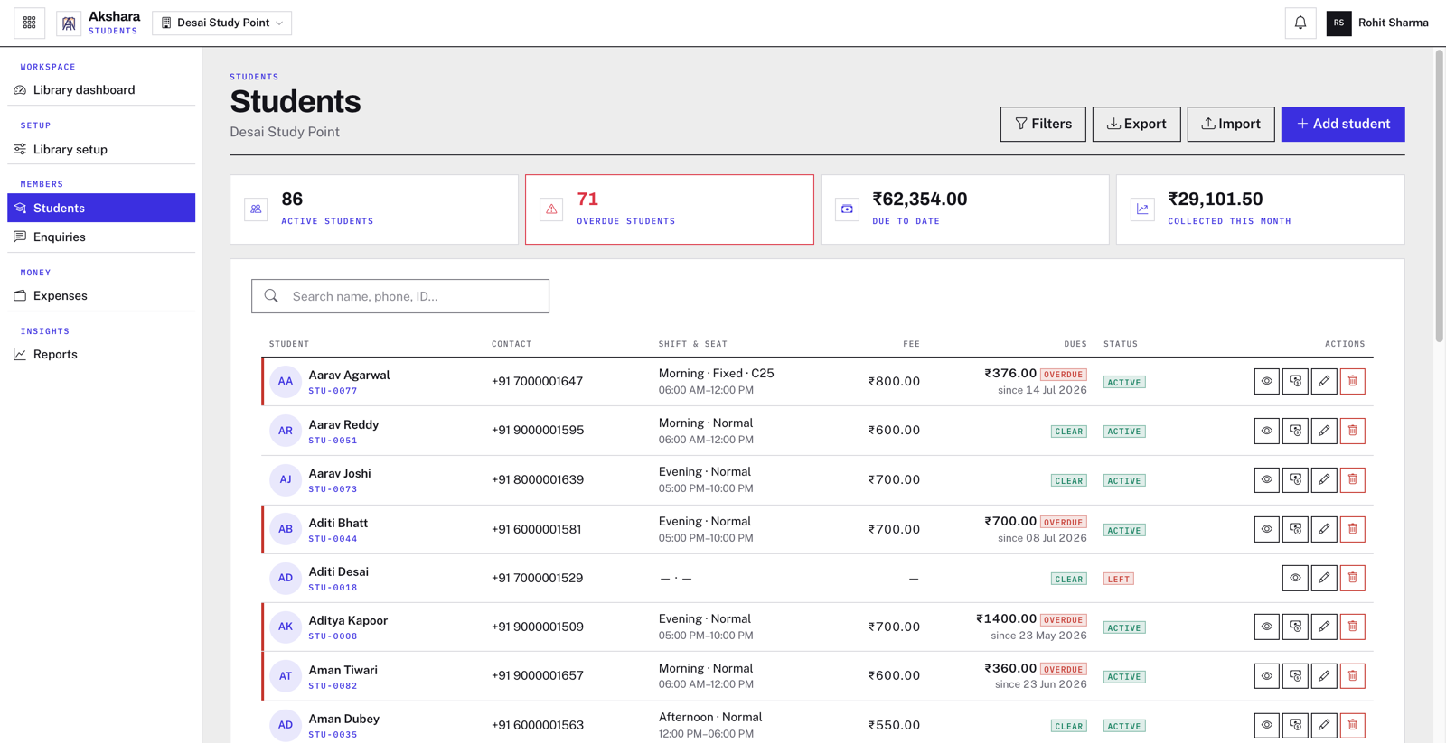 Student roster — Search, filter by dues and act from the row
